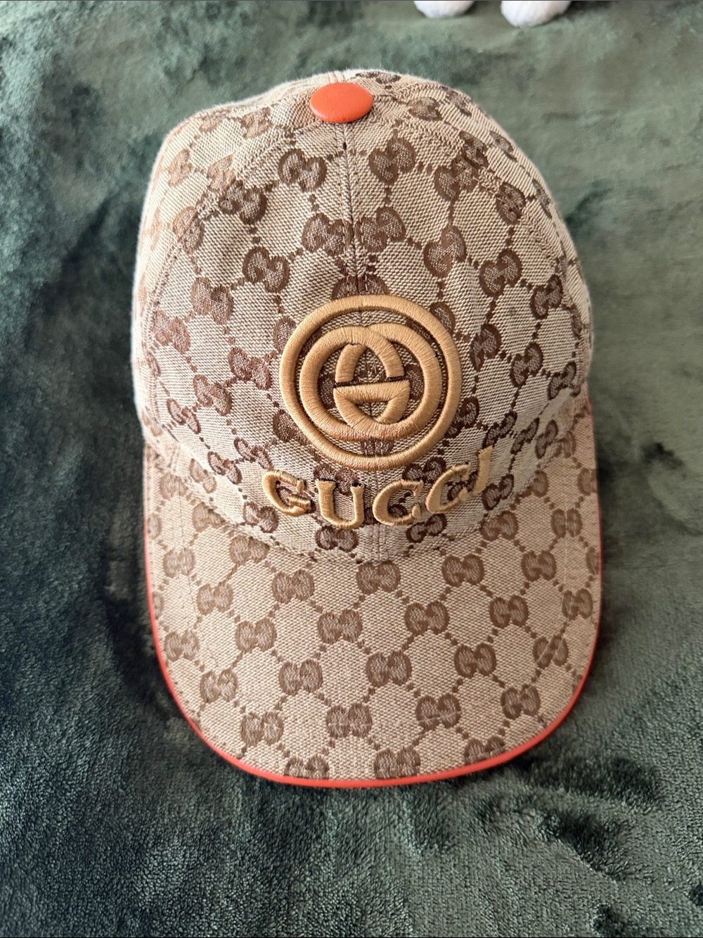Gucci Beige/Brown GG Monogram Baseball Cap with Orange Trim
